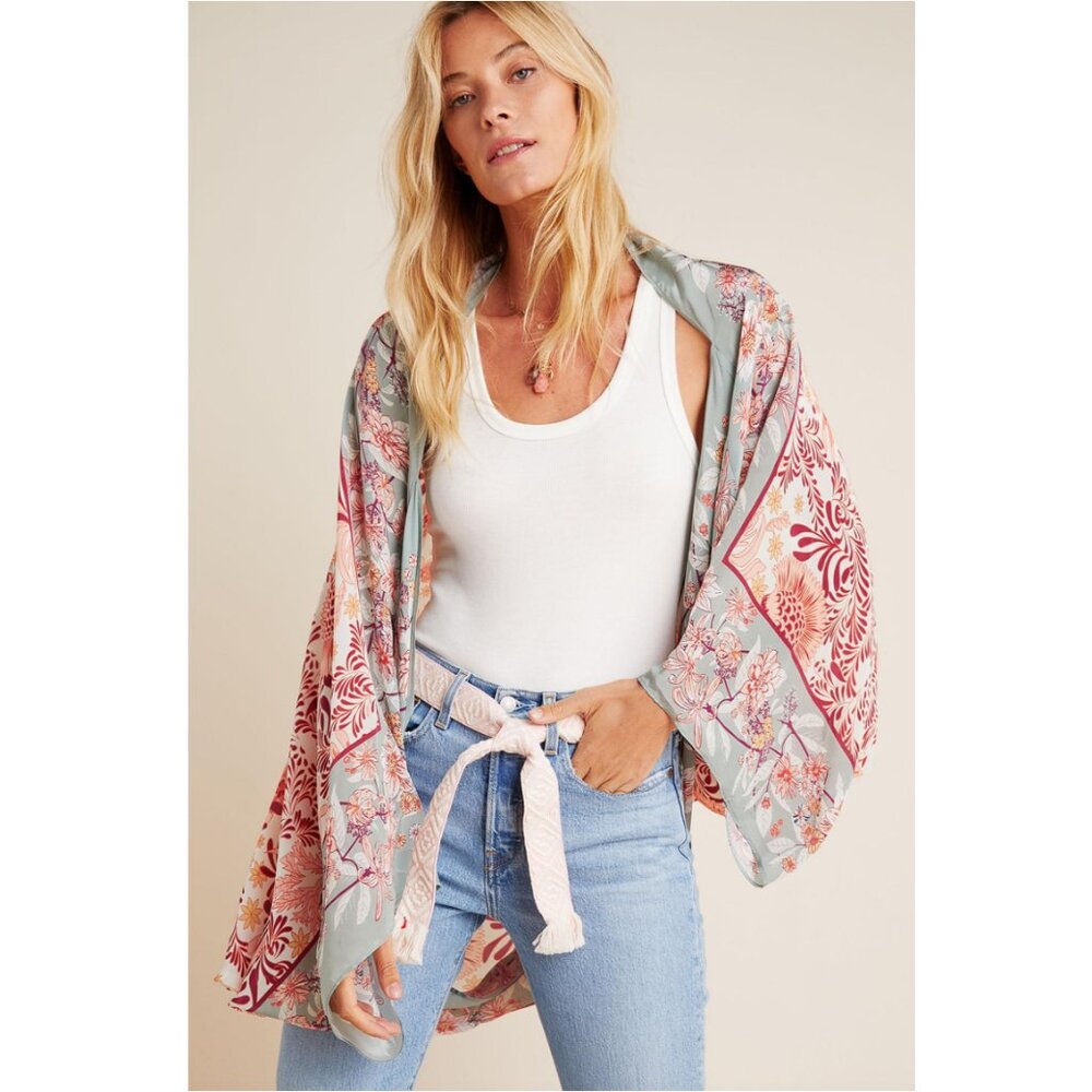 Anthropologie Floral Silk Kimono in Dusty Pink & Sage